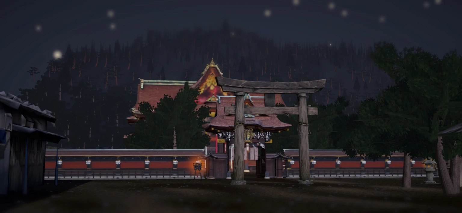 篝火の灯りと鳥居が見える夜の北野天満宮のゲーム画面