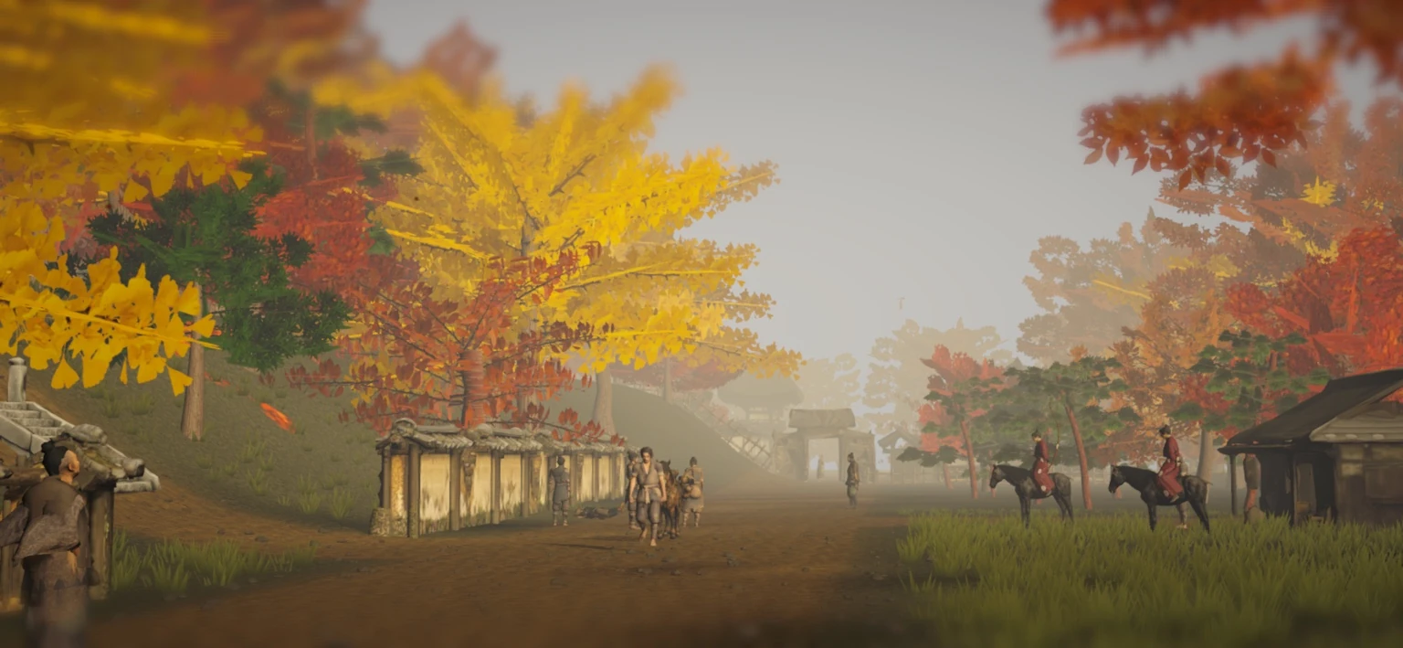 紅葉の近江街道を旅人と馬が行き交うゲーム画面