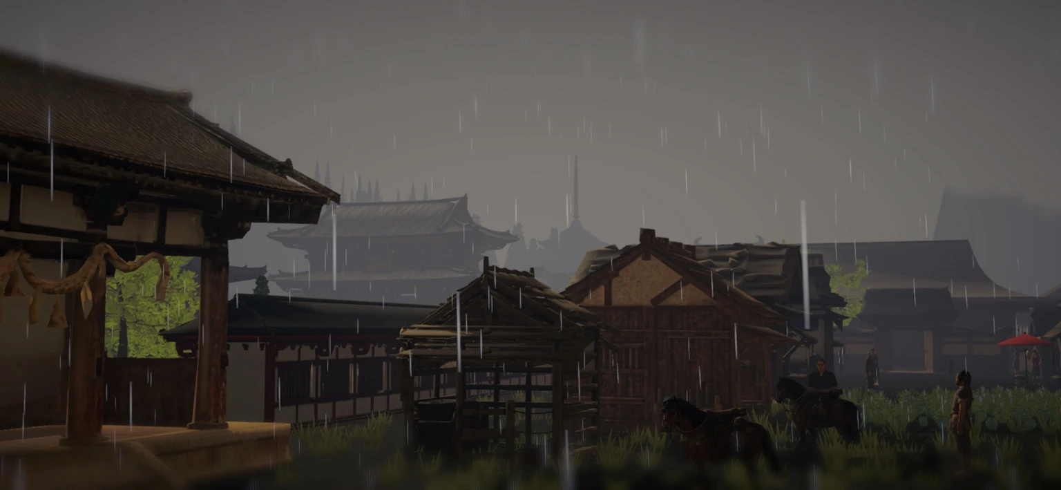 雨の転害門と転害郷の町並みを描いたゲーム画面